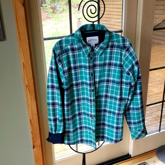 Orvis Green Plaid Button-Up Fleece Lined Snap Button Sz. XL Shacket - Picture 1 of 11